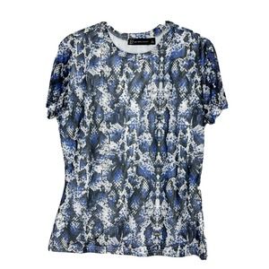 New York & Co Blue Reptile Print Short Sleeve Blouse Top Shirt Sz Large New